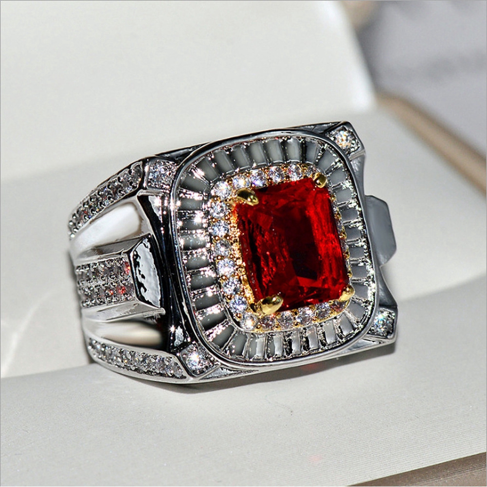 Nhẫn Thép Titan Mạ Vàng / Bạc 925 Đính Đá Zircon Đỏ Thời Trang Cho Nam