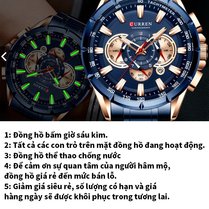 Đồng Hồ Thạch Anh CURREN 8363B Bằng Thép Không Gỉ Màu Xanh Dương Chống Nước Thể Thao Thời Trang Giản Dị Dành Cho Nam