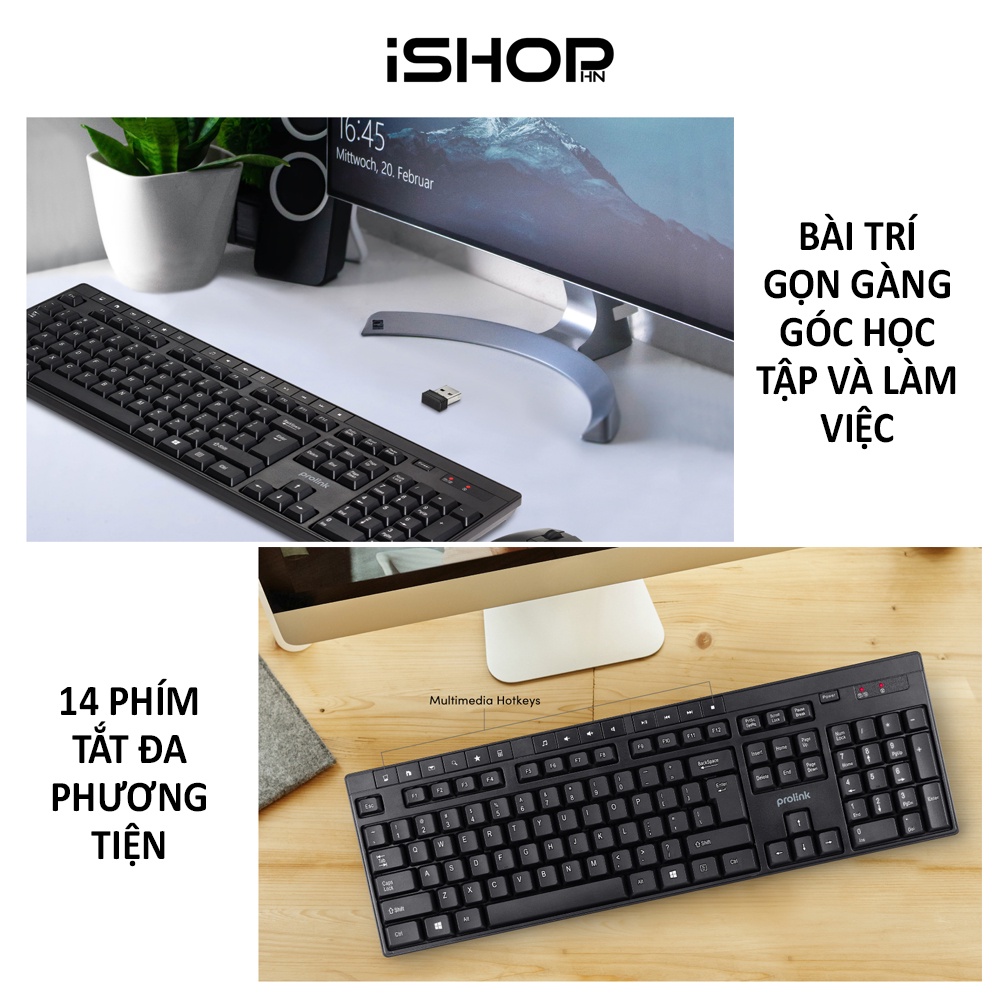 Bộ bàn phím chuột không dây Prolink PCWM7005 Fullsize, chống thấm nước, 14 phím Hotkey, tiết kiệm pin, giá rẻ