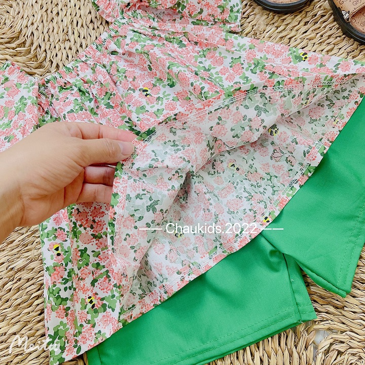 SIÊU PHẨM !! Bộ cộc tay bé gái, Set hoa nhí trễ vai quần xanh bé gái