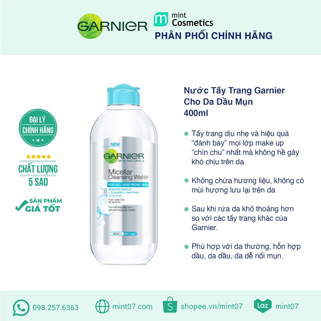 Tẩy Trang Cho Da Dầu Mụn Garnier Micellar Cleansing Water (xanh dương)