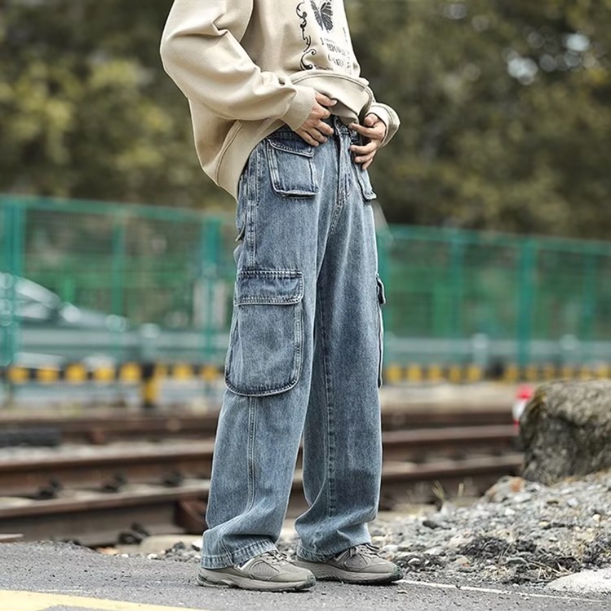Quần jean nam quần jean nữ có túi quần jean nam nữ lưng cao thời trang phong cách Hàn Quốc quần jean chở hàng Unisex với dây thắt lưng đàn hồi thời trang Quần ống rộng nhiều túi sành điệu