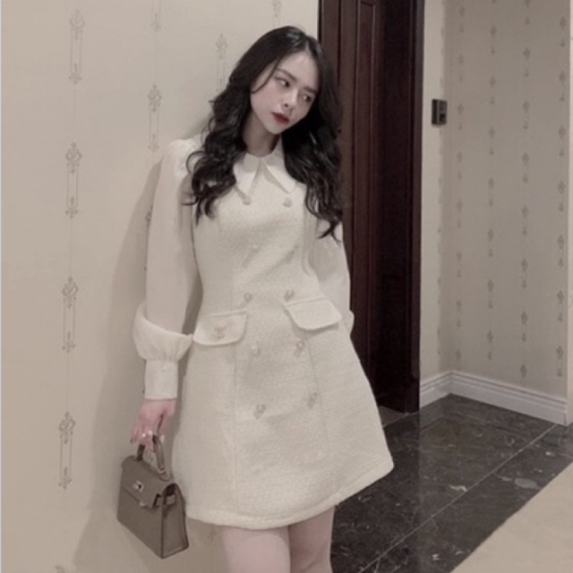 Váy dạ Tweed màu trắng hàn quốc thiết kế chất liệu dạ dày dặn 2 lớp tay dài (ảnh thật cuối)