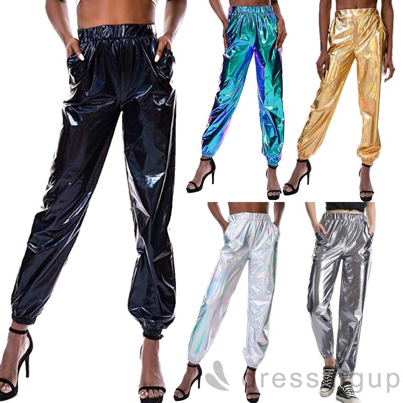 Quần Jogger Lưng Cao Thiết Kế Màu Sáng Bóng Cho Phái Nữ