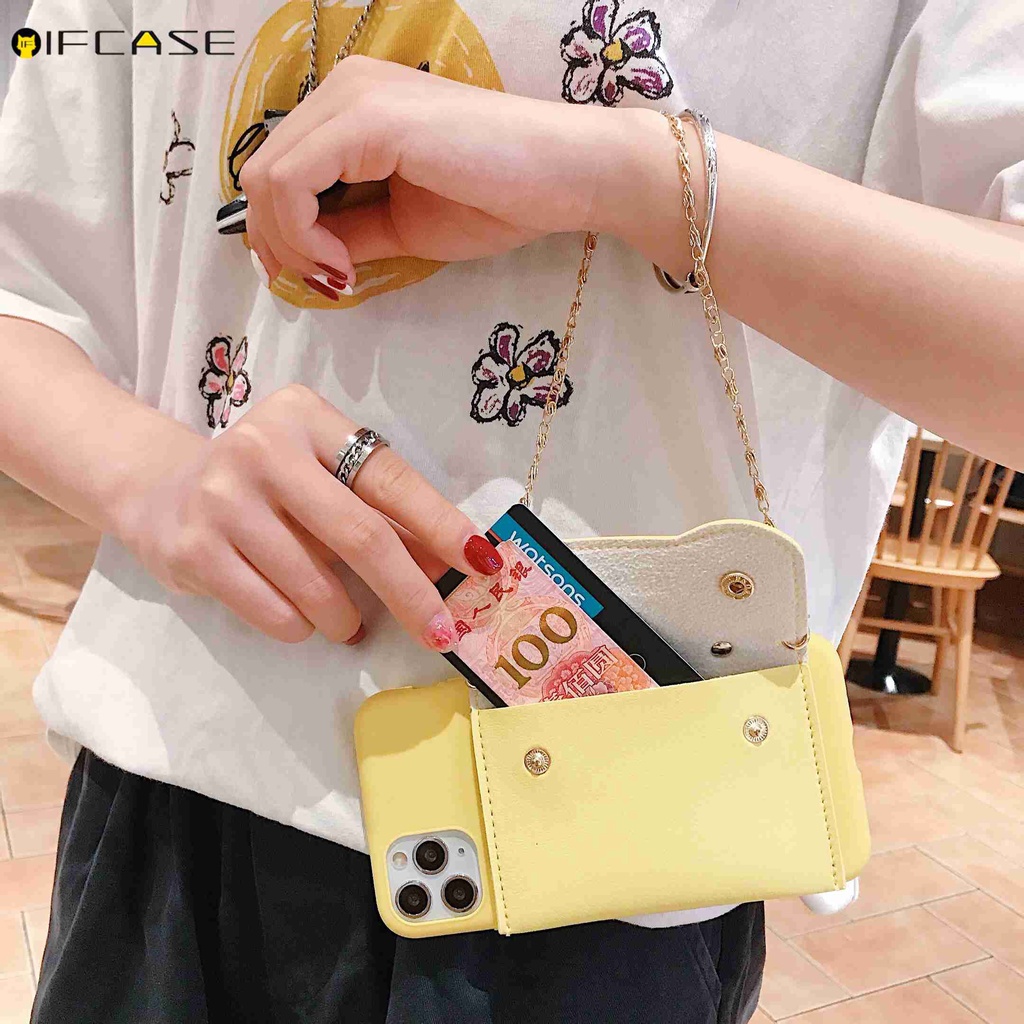 Ốp điện thoại TPU mềm màu trơn đính ví có dây đeo dạng xích xinh xắn cho iPhone 12 Mini 12 Pro Max