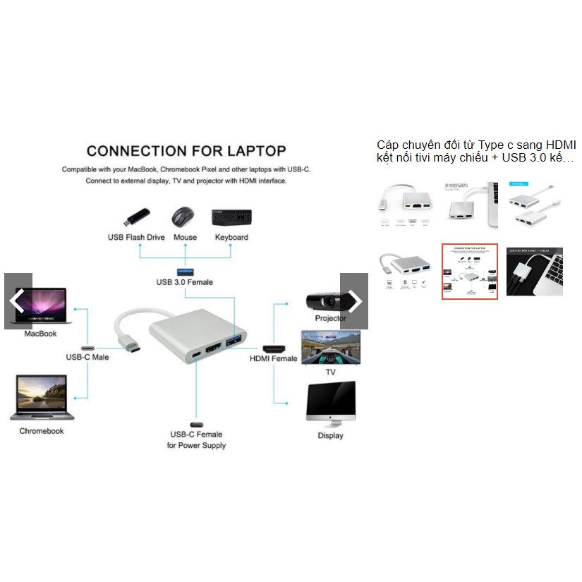 Cáp 3 in 1 chuyển đổi typeC sang HDMI/ USB/ TypeC VS - hỗ trợ chất lượng 4K