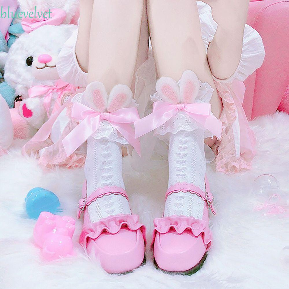 Vớ dài trung bình họa tiết trái tim tai thỏ dễ thương phong cách Lolita cho nữ