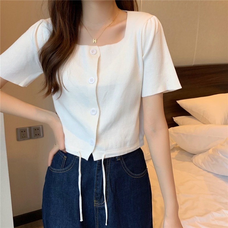 Áo Dệt Kim Tay Ngắn Cổ Vuông Phối Dây Rút Thời Trang Trẻ Trung