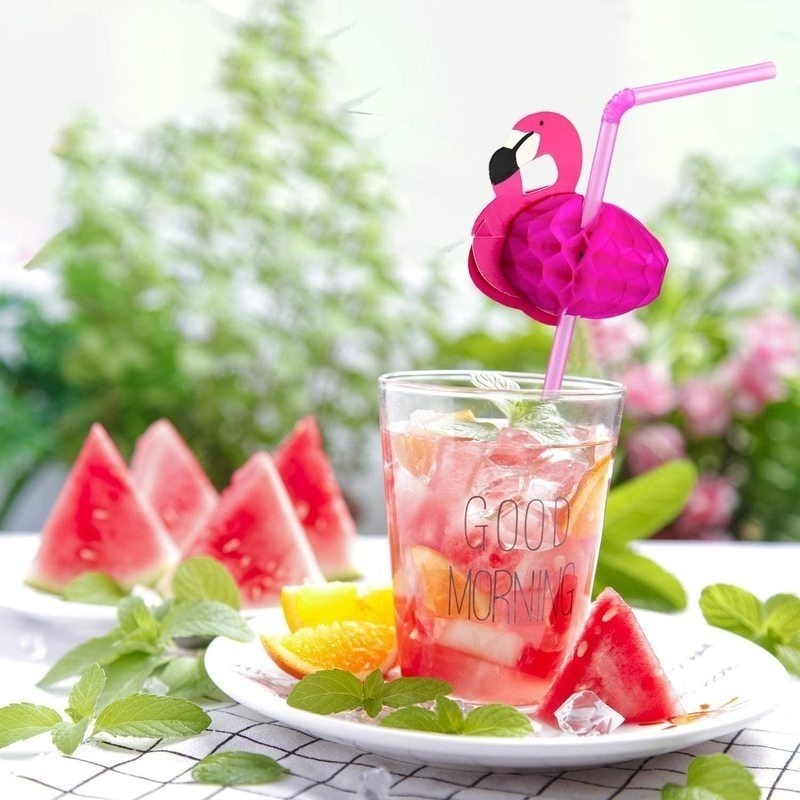Set 10 Ống Hút Dùng Một Lần Họa Tiết Chim Hồng Hạc Dễ Thương