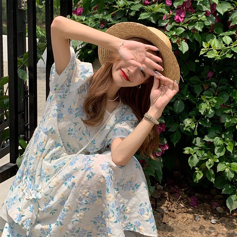 Đầm Hoa Tay Ngắn Phối Dây Rút Phong Cách Hàn Quốc Thời Trang