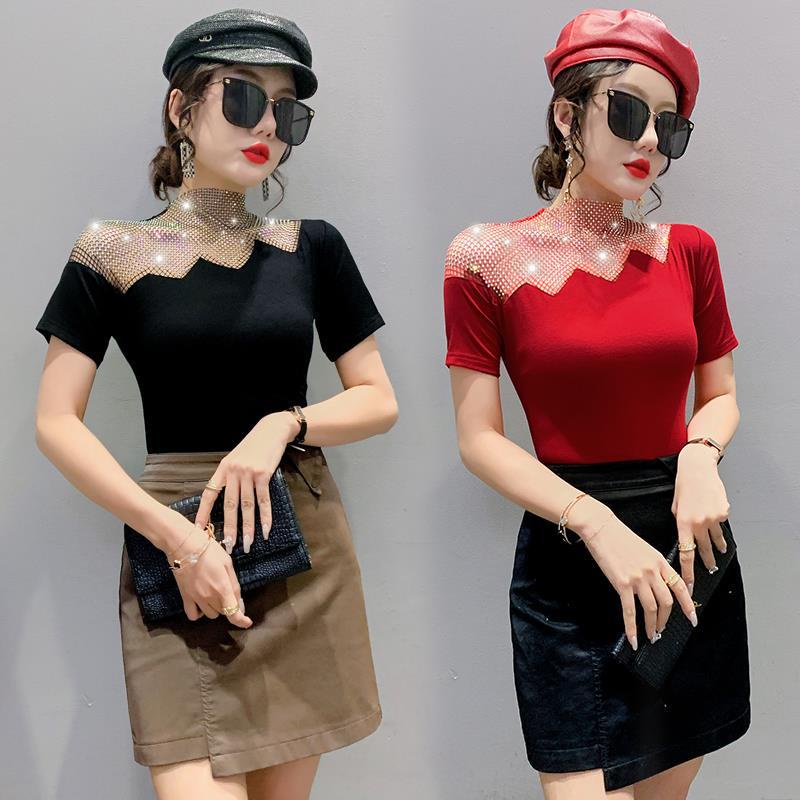 Áo Thun Tay Ngắn Phối Lưới Đính Đá Thời Trang Mùa Hè áo lưới tay ngắn áo kiểu trễ vai