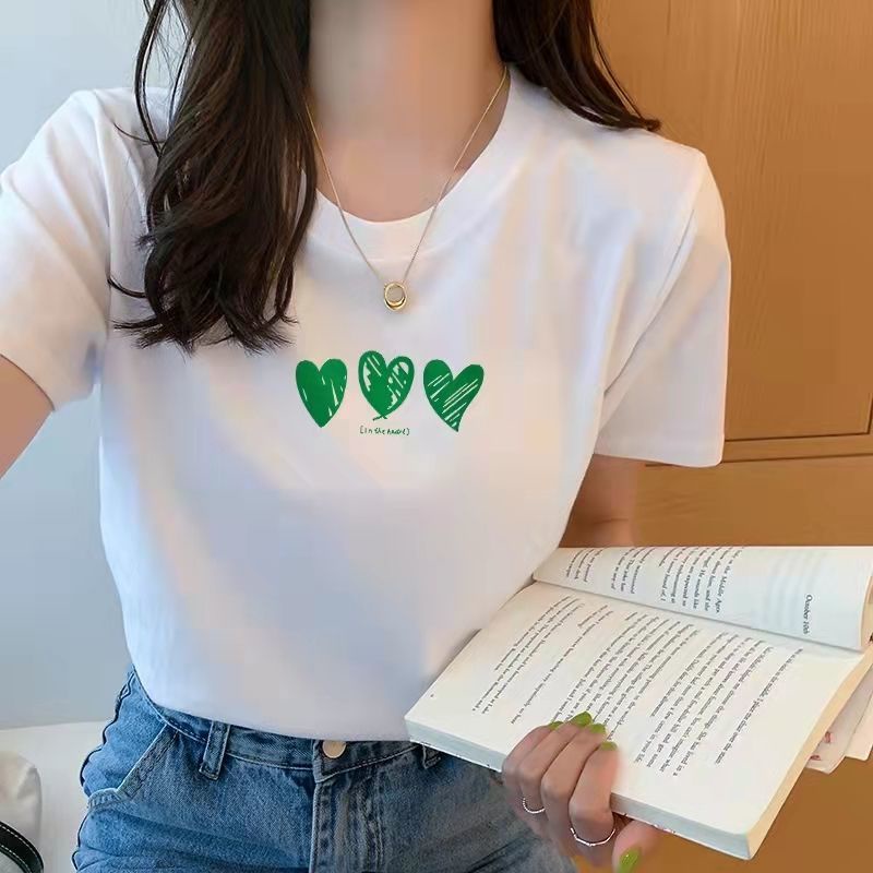 Áo Thun Cotton Trắng Tay Ngắn Dáng Rộng In Hình Trái Tim Thời Trang Cho Nữ