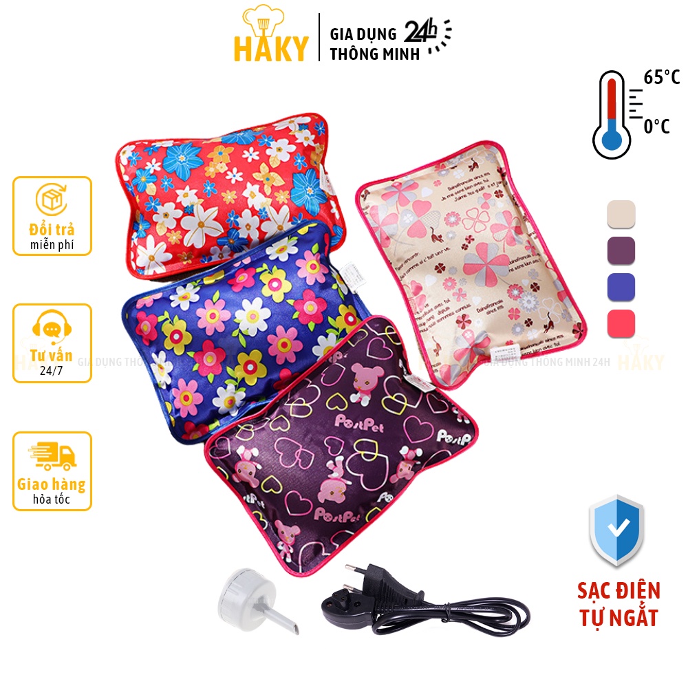 Túi chườm nóng sạc điện tự ngắt an toàn HAKY013, túi sưởi hình hoa giảm ê buốt, đau nhức chân tay, giảm đau bụng kinh