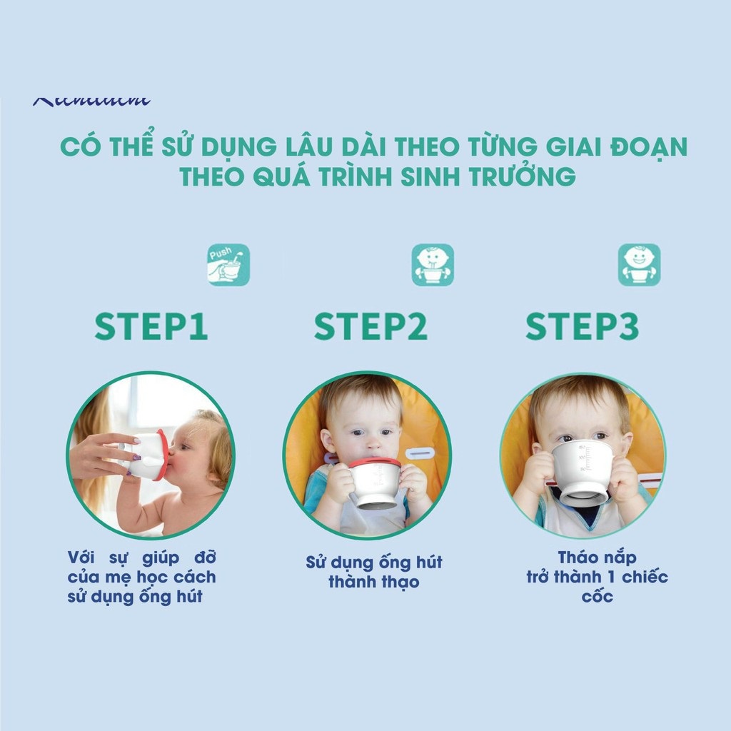 Cốc tập uống, tập hút 3 giai đoạn tiện lợi 150ml cho bé có vạch chia ml