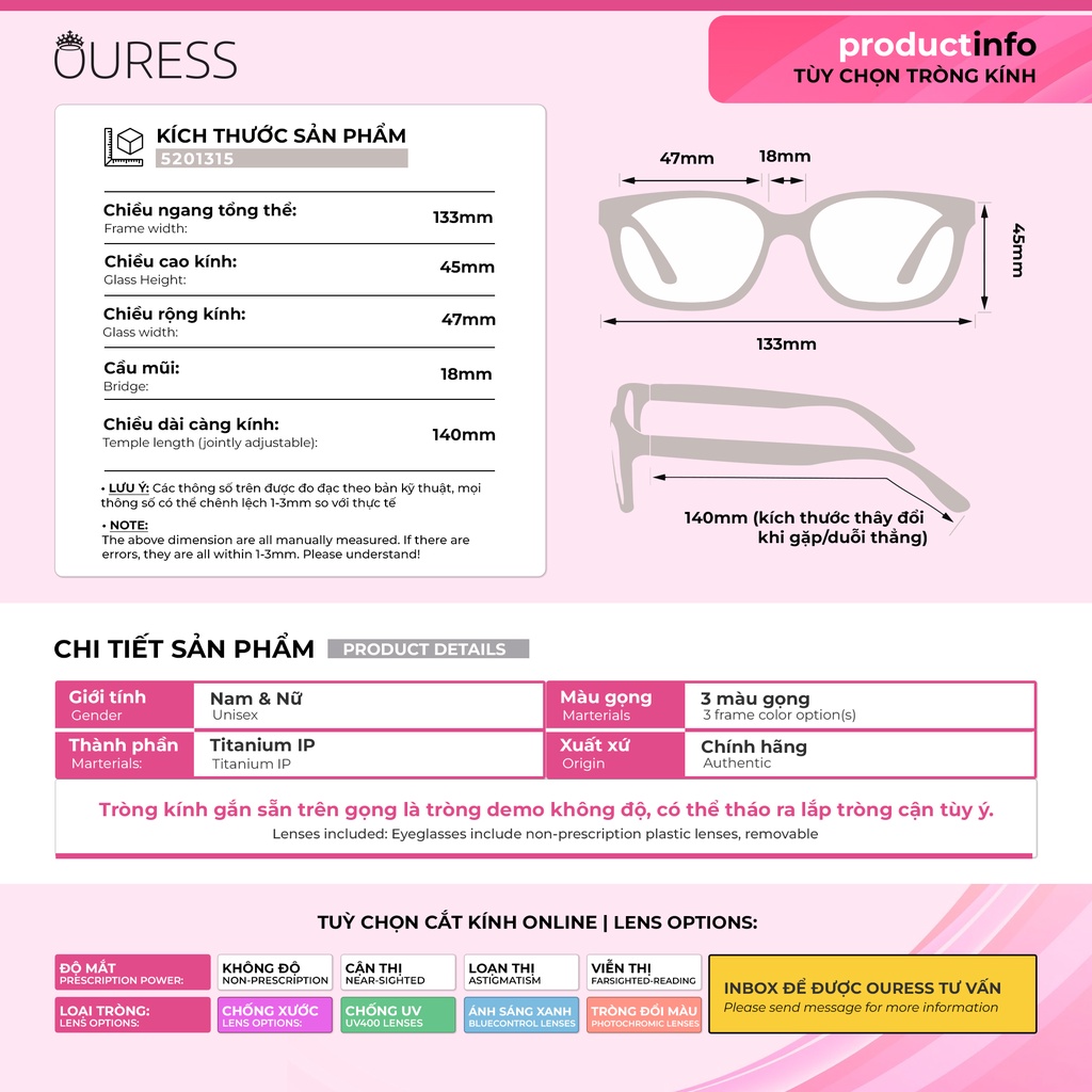 Gọng kính titanium 5201315 thời trang cao cấp nam nữ siêu nhẹ siêu bền OURESS