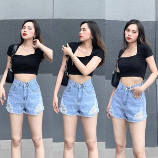 Quần jeans đùi nữ rách cá tính lưng cao mùa xanh nhạt,đen đủ size tường vy-jeans mã 036