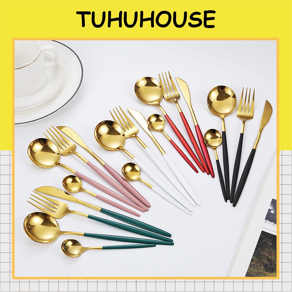 Thìa muỗng nĩa dao inox 304 mạ vàng cán dài nhiều màu sang chảnh hàng cao cấp - Tuhu's House