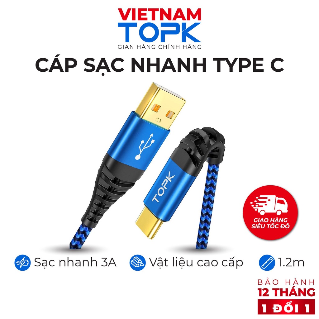 Cáp sạc TOPK AN24 dùng cho điện thoại - Hỗ trợ dòng điện tối đa 3A - Hàng chính hãng - Bảo hành 12 tháng