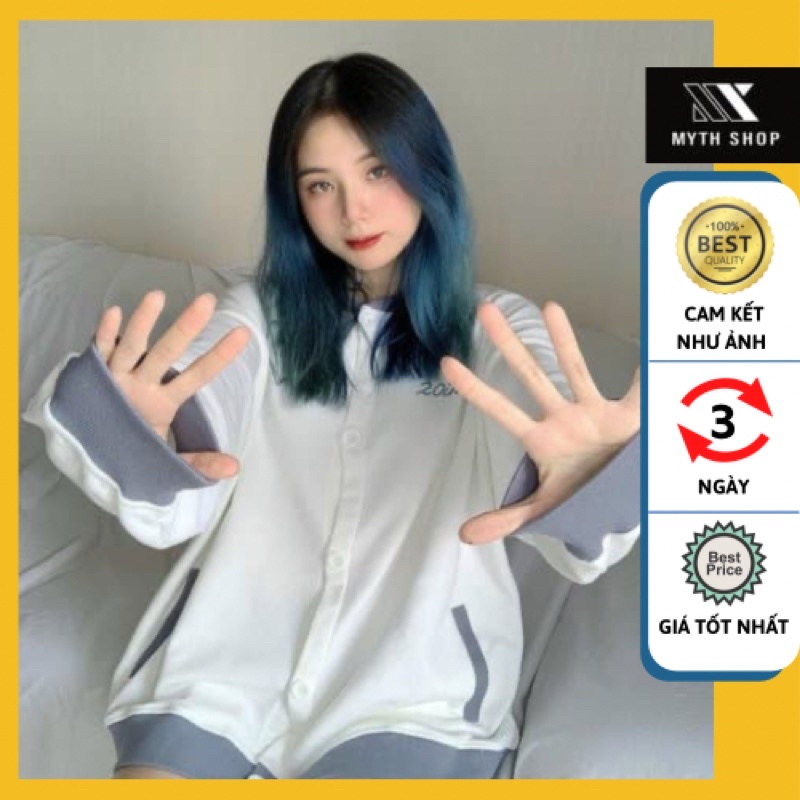 Áo Khoác Nỉ Bông Cardigan WHATISLOVE 20inch Trắng Phối Xanh Đậm Unisex Ulzzang