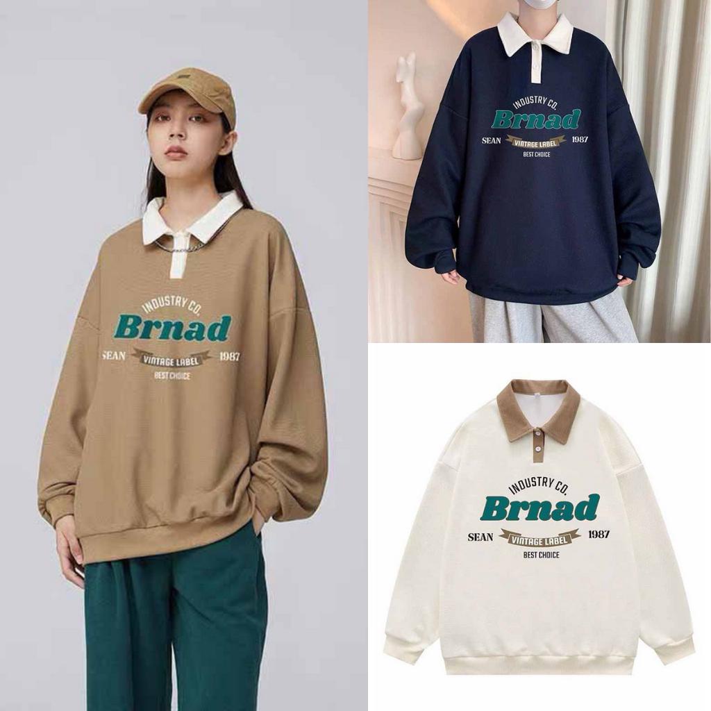Áo Sweater Unisex Tay Dài Brnad Form Rộng Vải Nỉ Bông Cổ Polo Phong Cách Ulzzang