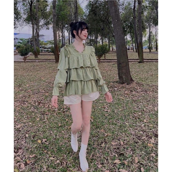 SET ÁO XANH BÈO TAY PHỒNG XẾP LY+ SHORT LƯNG THUN
