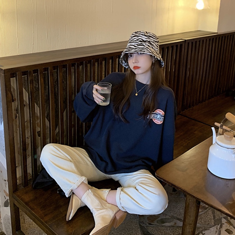 Áo Sweatshirt IELGY dài tay dáng rộng và mỏng dài trung bình in họa tiết chữ thời trang đường phố Hàn Quốc