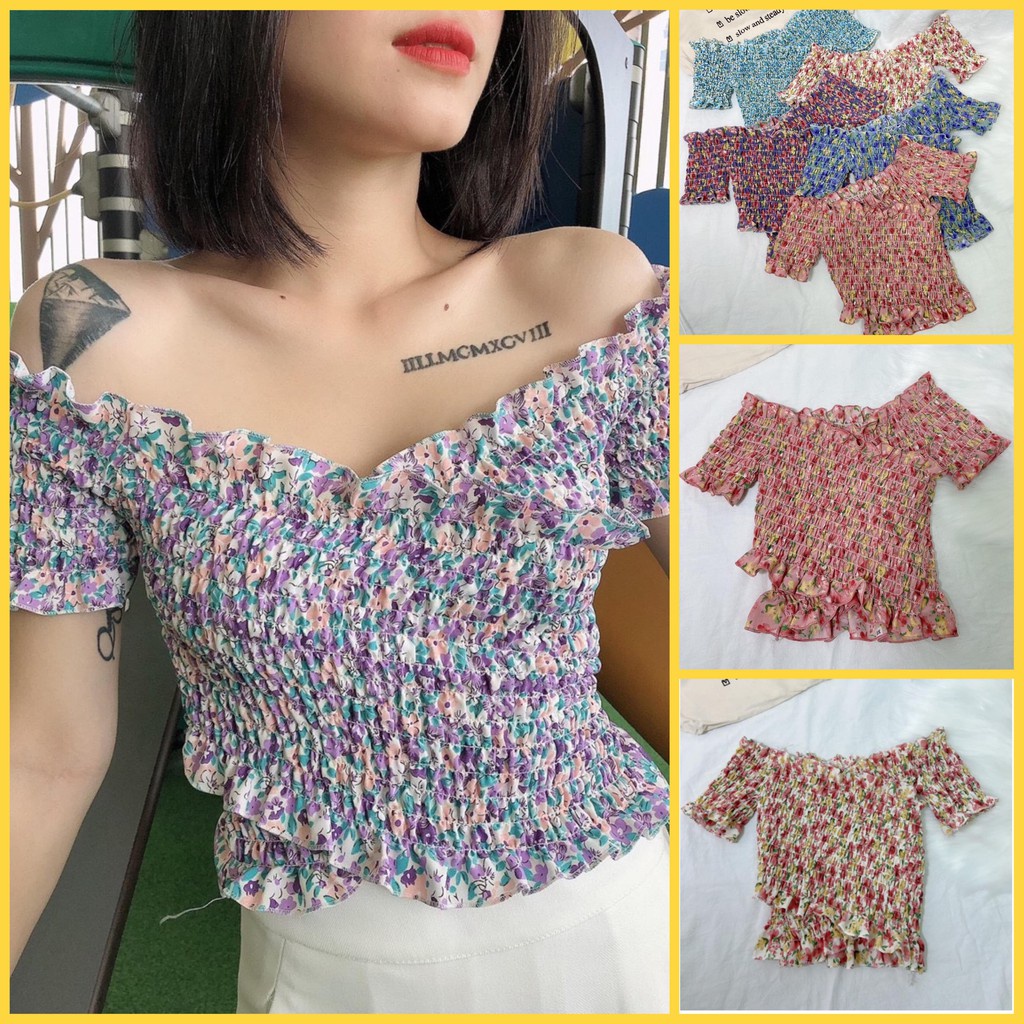 ÁO CROPTOP HOA NHÚN ĐẮP CHÉO TAY NGẮN | Áo nữ | áo kiểu - AK0036 | bear.story