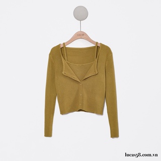 Áo len đen rêu: áo 2 dây basic, cardigan mỏng cùng màu