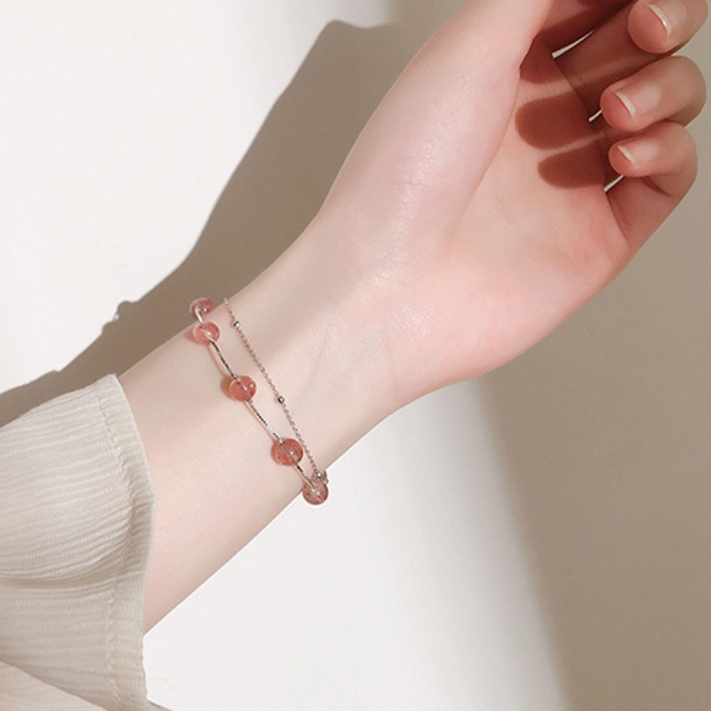 Vòng tay nữ đơn giản Phiên bản Hàn Quốc Vòng tay hai lớp pha lê màu hồng