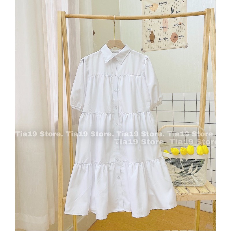 Váy trắng babydoll cổ sơmi tầng Tia19. Đầm dáng xoè form rộng ulzzang ( Ảnh thật)