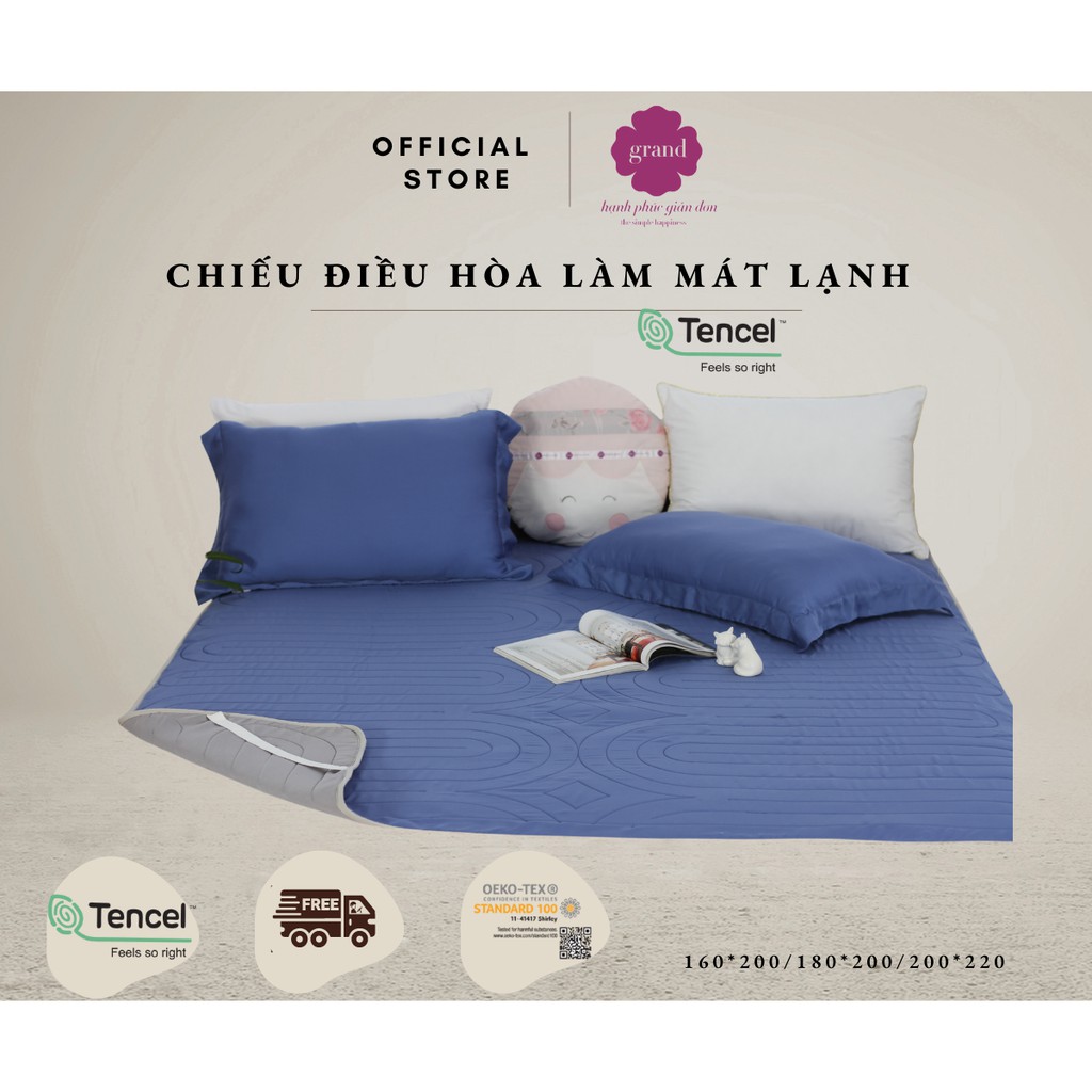 Chiếu điều hòa mát thiên nhiên 100% lụa Tencel cao cấp GRAND,  kèm vỏ gối, xanh cobalt, nhiều kích thước