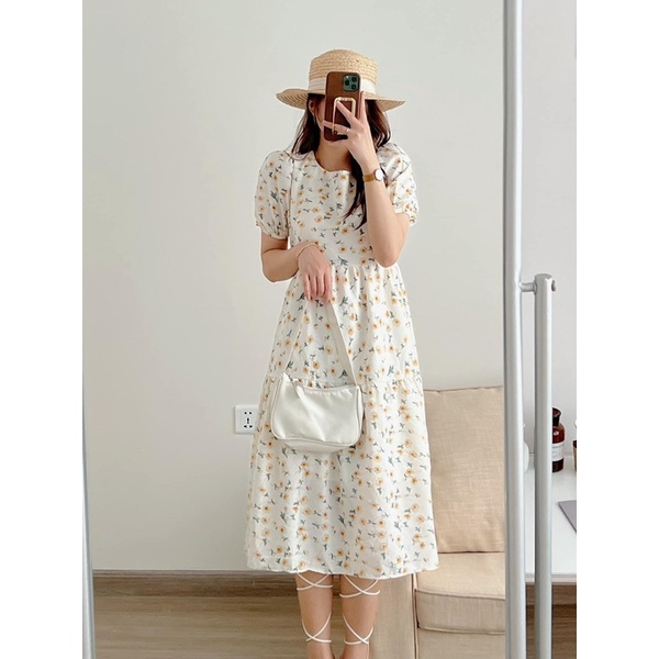 Váy babydoll hoa nhí tay bông, Đầm tiểu thư dáng dài đi chơi đi biển siêu xinh