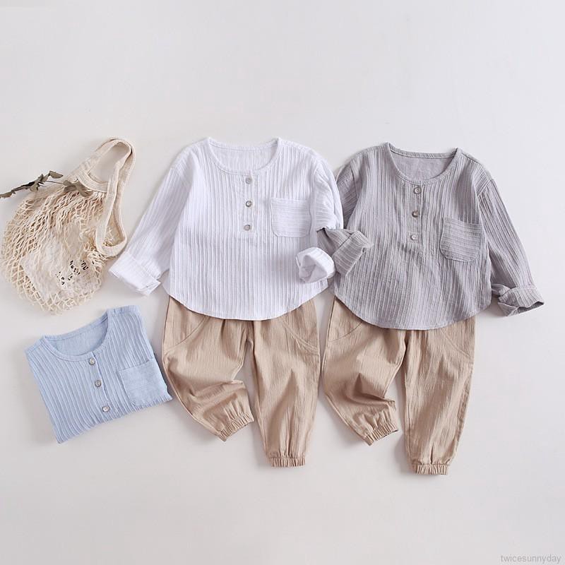 Set áo thun dài tay cổ tròn + quần dài ống rộng thời trang dành cho bé trai