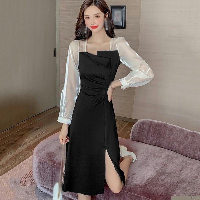 Đầm maxi dài tay phối lưới thiết kế xẻ tà phong cách Hàn quốc quyến rũ cho nữ