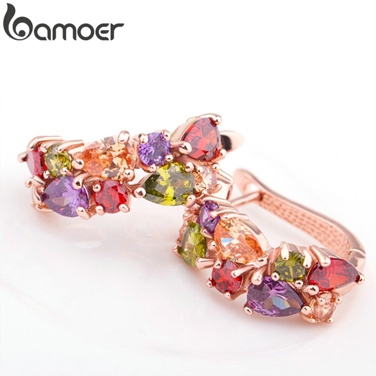 Bông tai Bamoer JIE019 tạo hình hoa với pha lê hồng  vàng thời trang thích hợp làm quà tặng cho trẻ em gái và phụ nữ