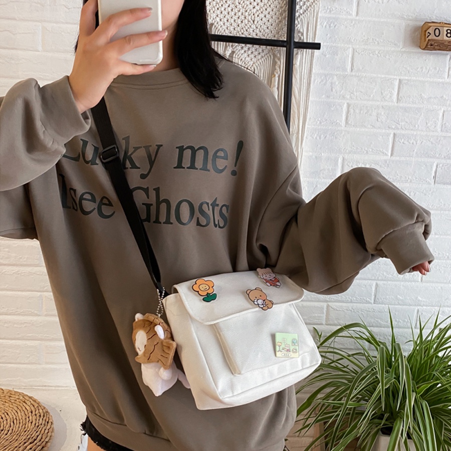 Túi Mini Đeo Chéo Vải Canvas Kèm 4 Sticker Siêu Dễ Thương Phong Cách Thời Trang.