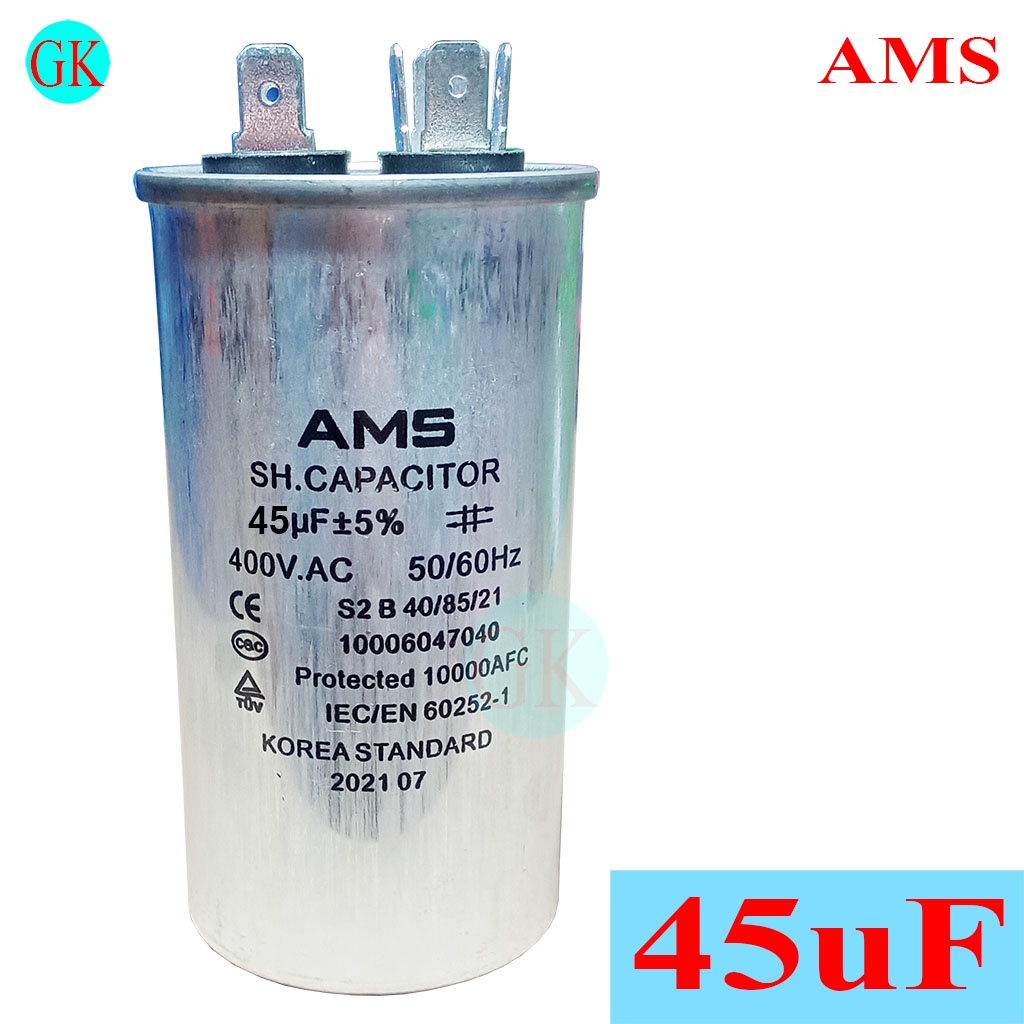 Tụ 45uF 400Vac, vỏ nhôm, chân cắm, thương hiệu AMS