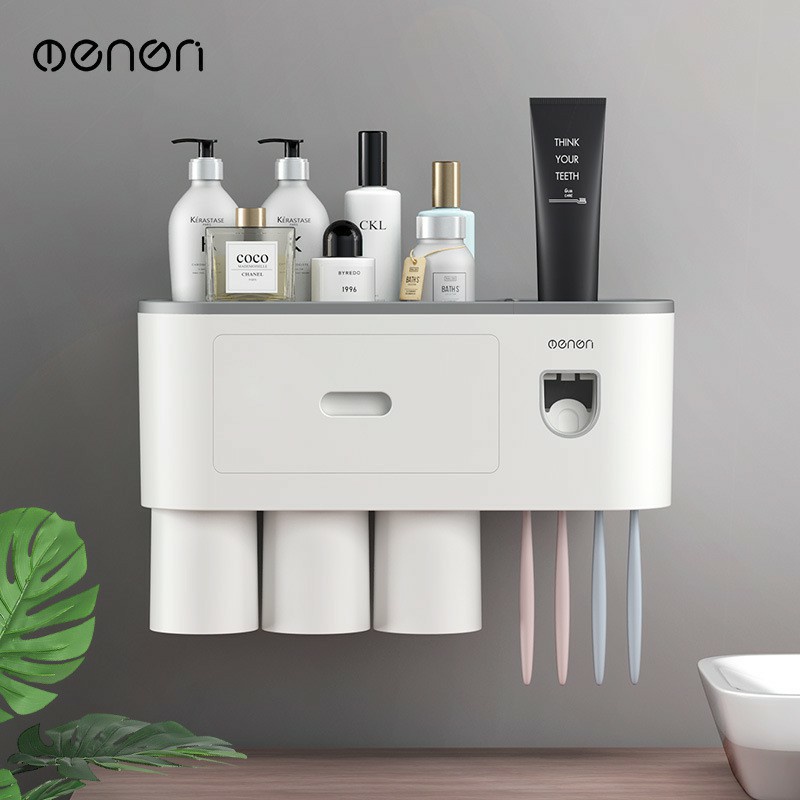 Kệ để đồ nhà tắm dán tường để bàn chải , tặng kèm cốc có bộ phận nhả kem thông minh