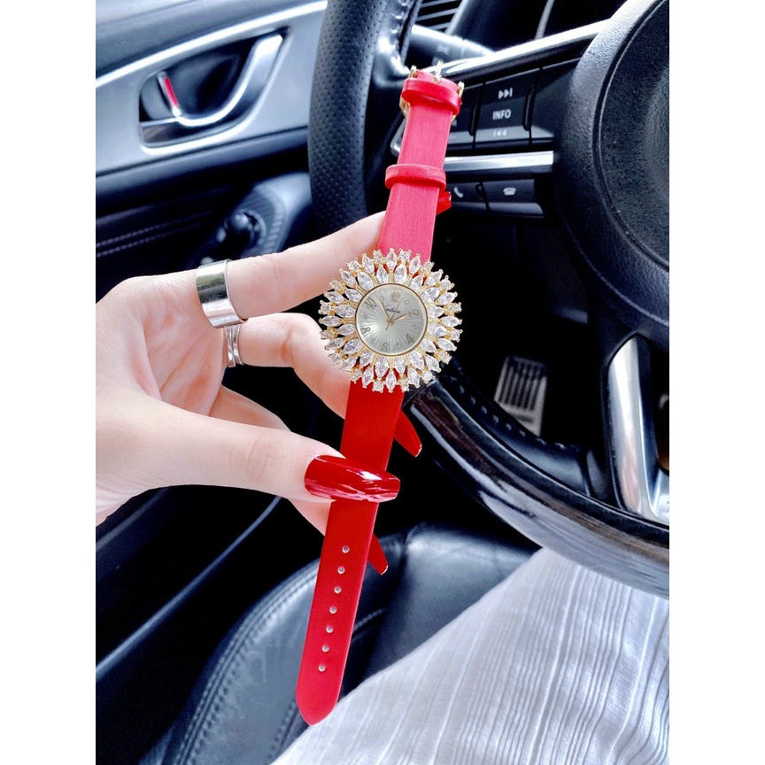 Đồng hồ đeo tay nữ dây da, đồng hồ nữ chính hãng GULENA full hộp cao cấp, mặt đính kim cương nhân tạo cực kỳ sang chảnh