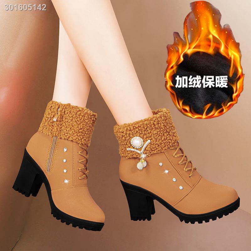 Giày bốt martin cao gót vải nhung dày dặn có khóa kéo phong cách Âu Mỹ thời trang thu đông 2021 dành cho nữ