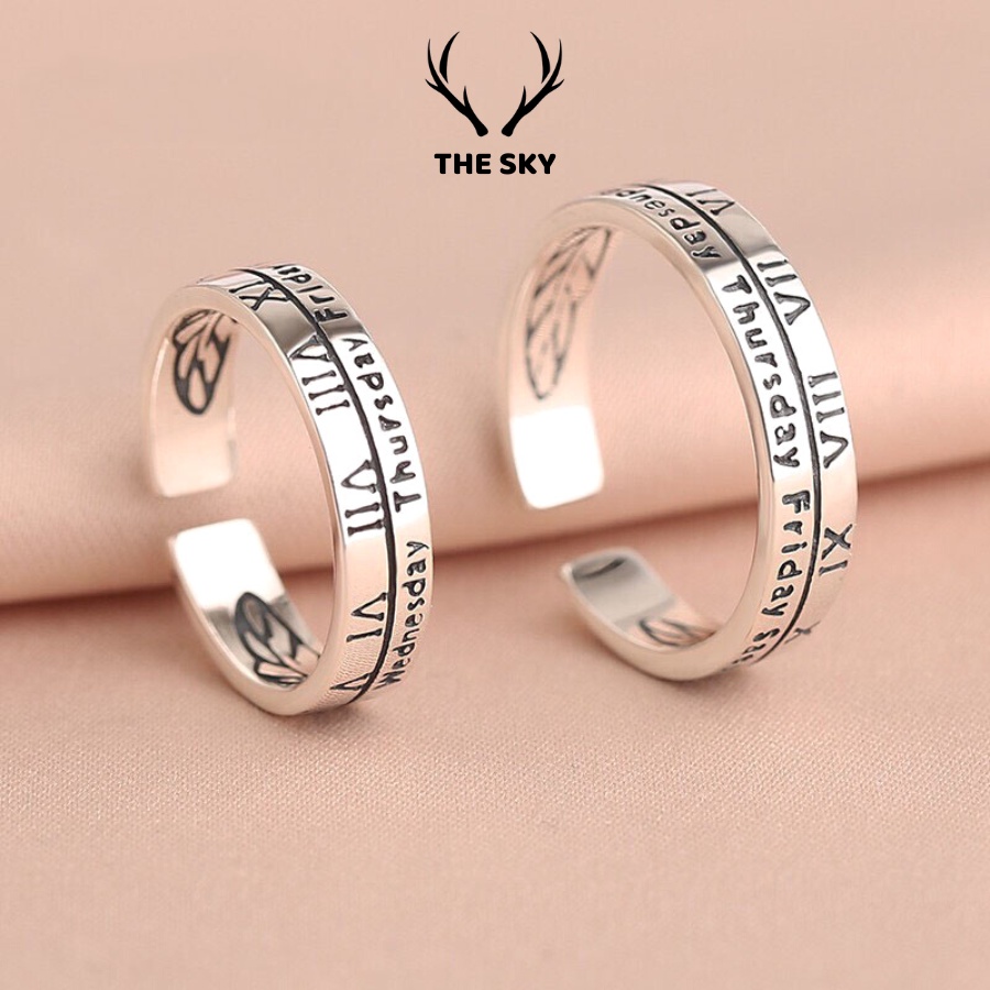 Nhẫn Bạc Nữ THE SKY NB10 Mẫu Trơn Bản To Khắc Số La Mã Freesize