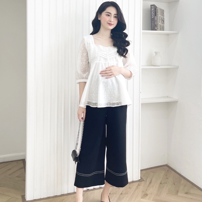 MEDYLA - Áo sơ mi bầu công sở 2 lớp ren trắng cho bầu đi làm, đi chơi cực xinh - SP138