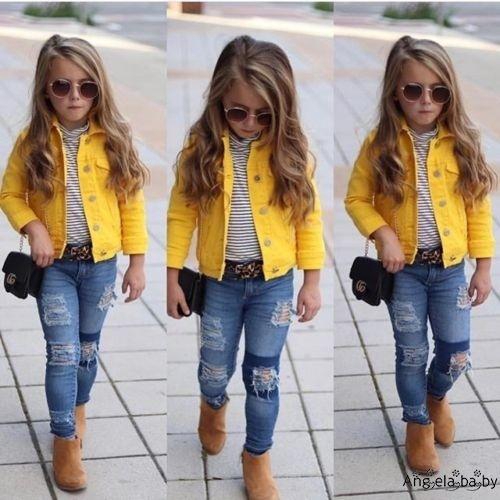 Áo khoác denim + áo khoác + quần dài xinh xắn cho bé