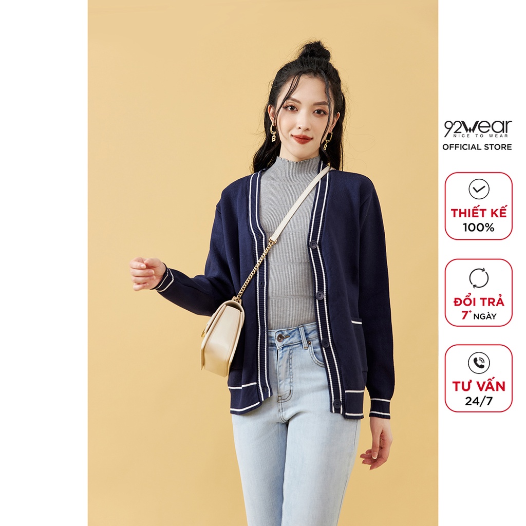 Áo len cardigan nữ dài tay phối viền 92WEAR, chất len cao cấp, co giãn tốt KLA0068 | BigBuy360 - bigbuy360.vn