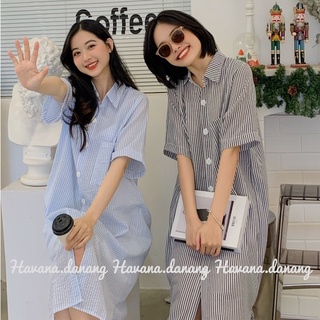 Đầm sơ mi sọc dọc, chất mỏng, chất sơ mi xốp