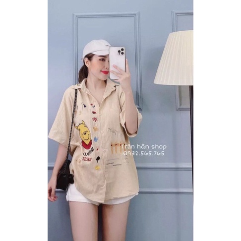 [VIDEO ẢNH THẬT] Áo Sơ Mi Tay Lỡ Hình Gấu Thêu Hot Trend 2021- Áo Sơ Mi Cổ Đức Ulzzang