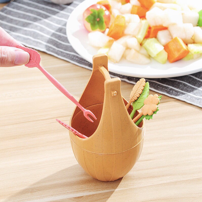 Bộ 10 xiên hoa quả Việt Nhật kèm giỏ đựng dễ thương hình trái tim ở cán cầm, Bộ dĩa xiên hoa quả an toàn { H }