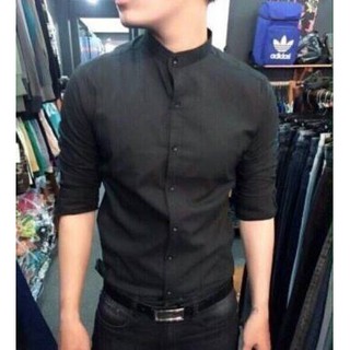 Áo Sơ Mi Nam Màu Đen Cổ Trụ FIGTREE Kiểu Dáng Hàn Quốc Siêu Hot
