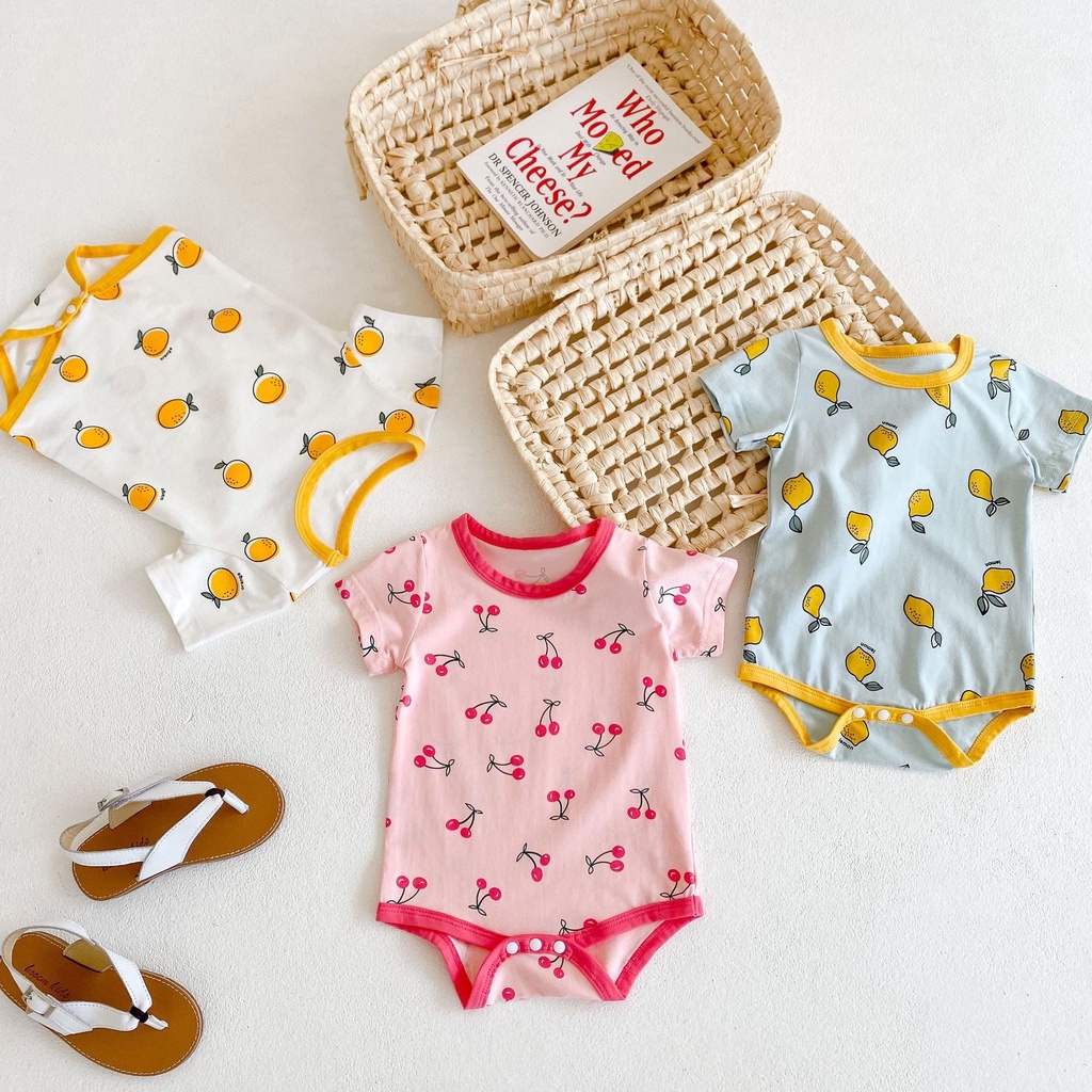 Bộ Áo Liền Quần Cotton Tay Ngắn In Họa Tiết Trái Cây Hoạt Hình Dễ Thương Thời Trang Mùa Hè Cho Bé Sơ Sinh