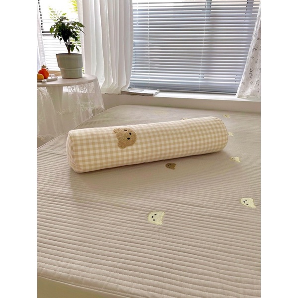 Set 3 món ga gối trần bông cotton line thêu hoạ tiết gấu teddy bear vitage
